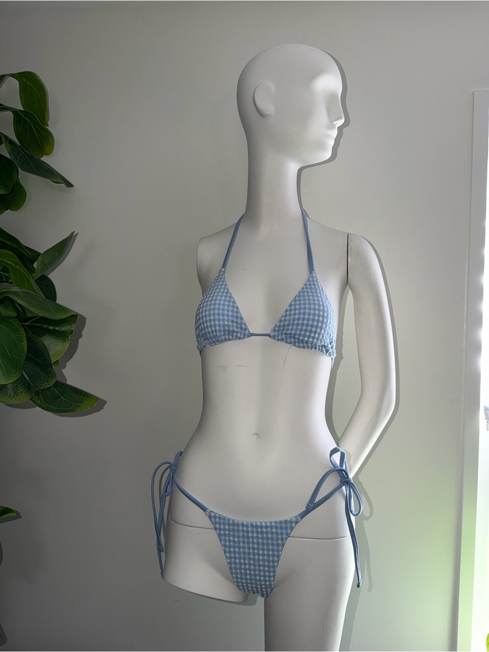SHEIN Light Blue Gingham Tie-Side Bikini Set
